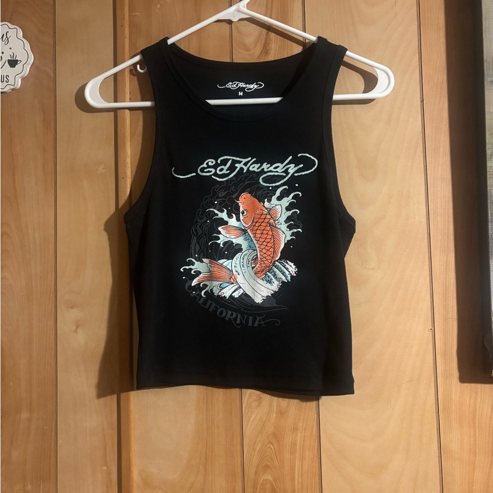 Ed Hardy Black Tank with Orange Koi Design